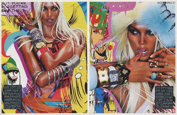 Colorful fashion editorial with blonde hair, jewelry and comic graphics