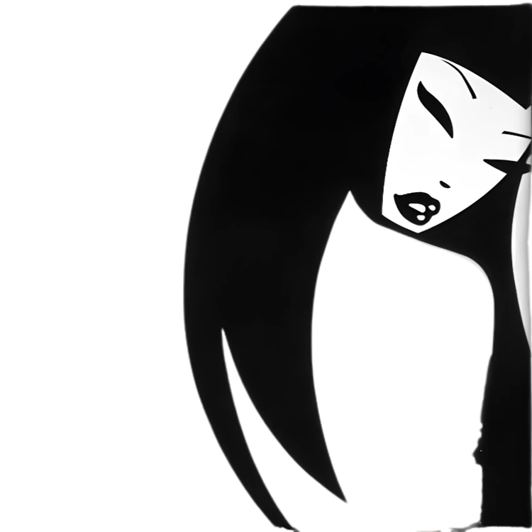 A black-and-white illustration of a woman with flowing dark hair.