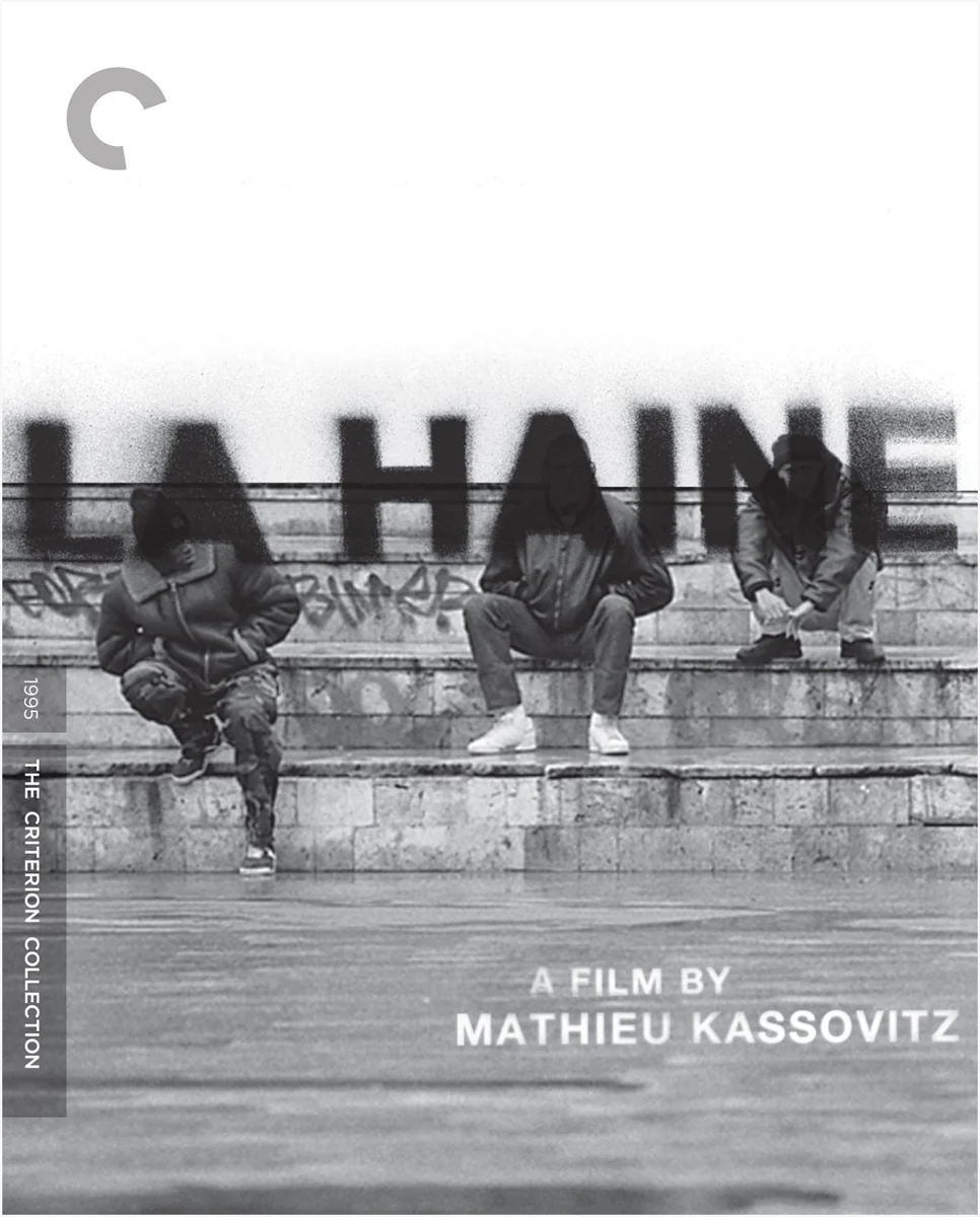 The Criterion cover for La haine, with three friends sitting above a reflection of the title.
