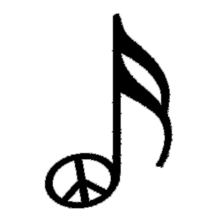 A black musical note incorporating a peace sign on a white background.