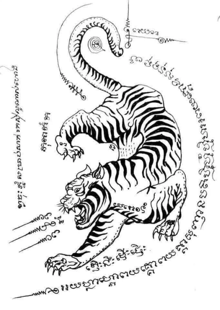 A black ink illustration of a tiger surrounded by ornamental lettering.