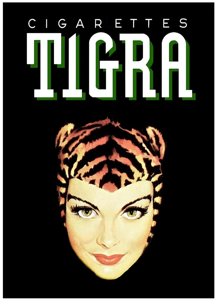 A vintage Tigra cigarette graphic with a tiger-striped headscarf against a black background.